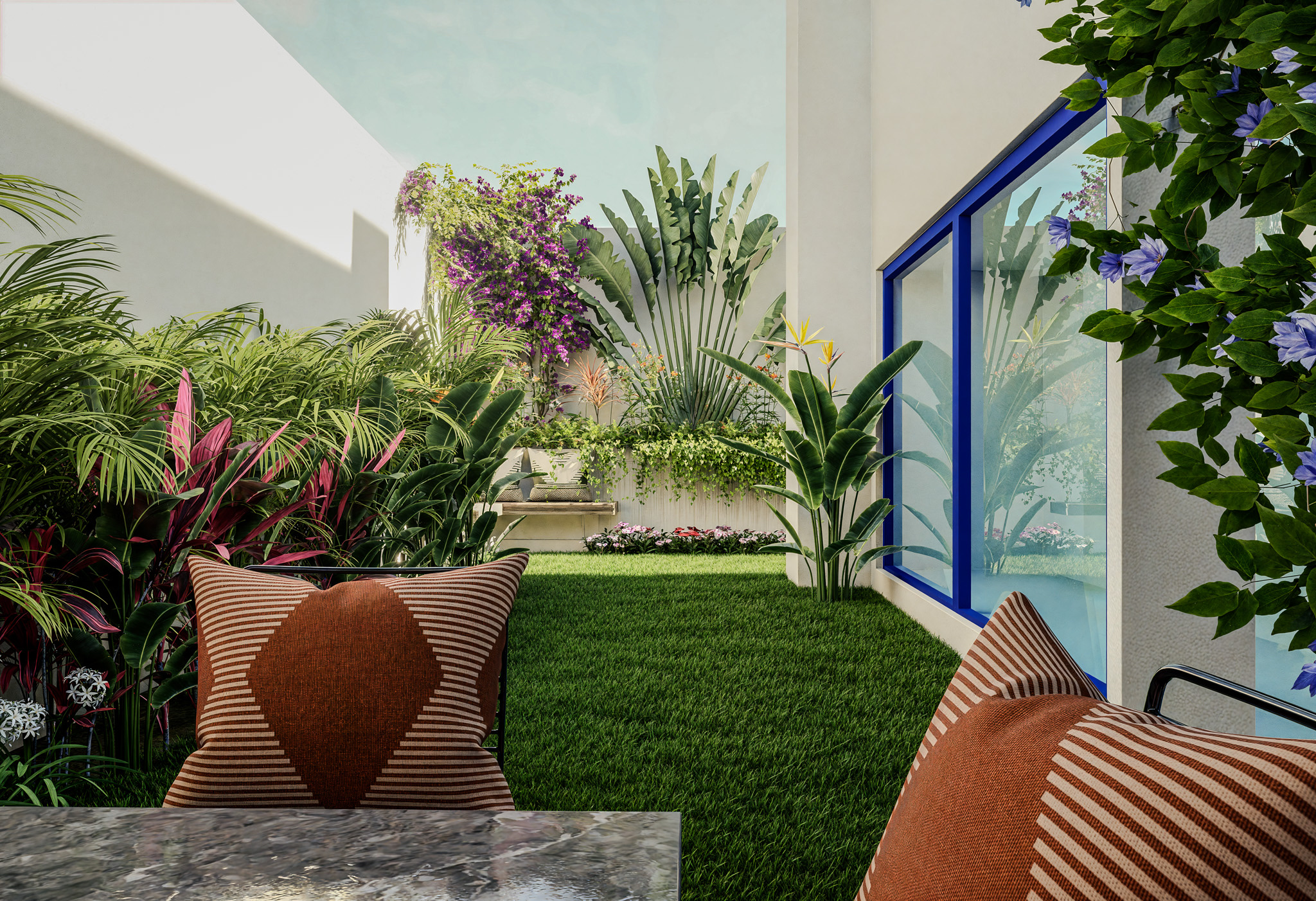 landscape render of Villa Moira, a garden courtyard and pergola